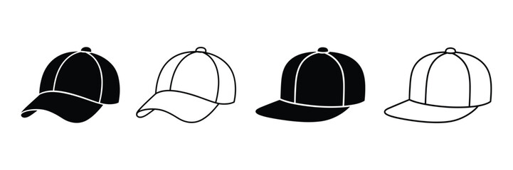 Fototapeta premium Baseball cap icon vector set. Sportswear hat black silhouette vector illustration