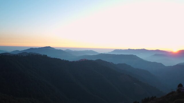 Panoramic view of Himalayan mountain ranges at sunset in Chakrata, Dehradun, Uttarakhand