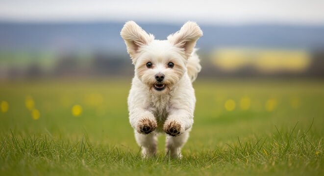 Adorable fluffy white puppy running joyfully across a green grassy field on a bright sunny day.