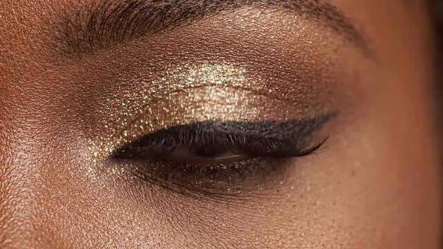 Close-up view of beautifully crafted eye makeup with shimmer.