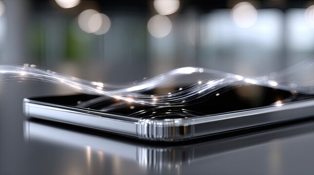 Smartphone screen showcases abstract holographic payment waves from NFC chip in a modern setting