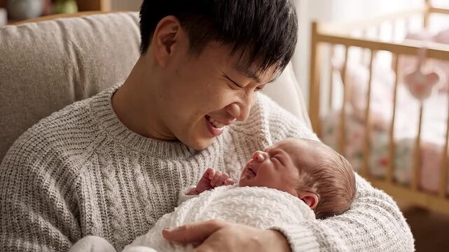 A joyful father lovingly holds his baby in a cozy setting.