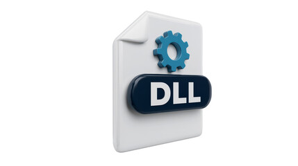 Fototapeta premium DLL file icon with a blue gear symbol representing software libraries design on transparent background
