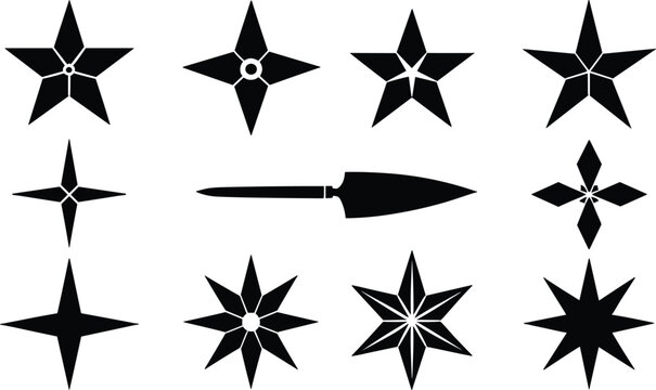 Traditional ninja weapon set with black silhouette throwing stars shuriken and kunai knife vector icons for gaming assets