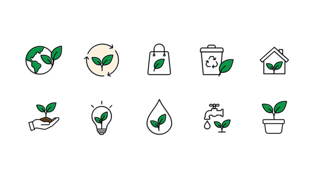 Sustainable icon set. Everything related to sustainability and green technology. Renewable, resource, future, management. Mixed design style.