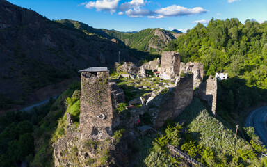 Fototapeta premium Aerial Drone View of Savsat Castle Ruins in Savsat Artvin Province Turkey Eastern Black Sea Mountain Landscape