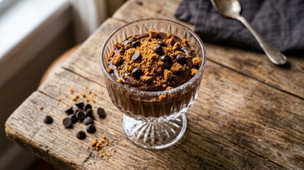 Fototapeta premium Rich chocolate mousse dessert topped with crumbled cookies and chocolate chips in a clear glass dish on a wooden table