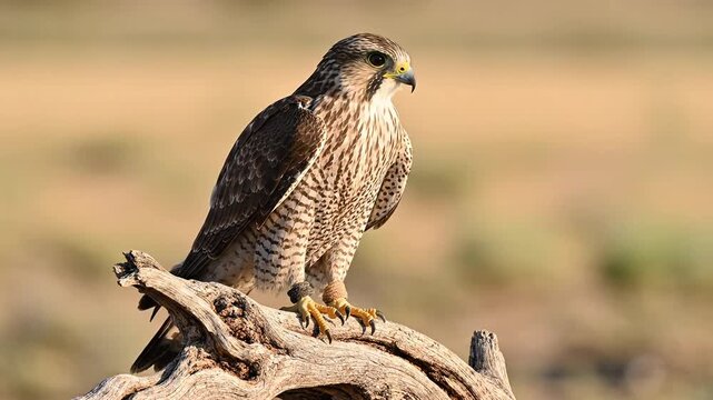A majestic falcon with striking plumage perches on a weathered branch outdoors.