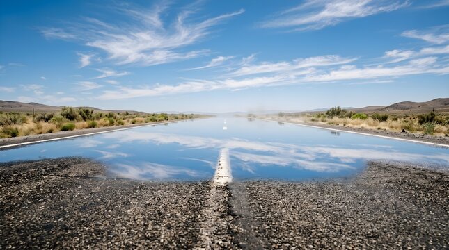 Asphalt road mirage during extreme heatwave in desert landscape