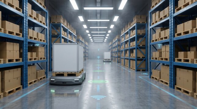 Autonomous delivery bot in modern warehouse aisle