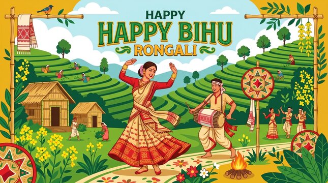 Happy Rongali Bihu festival illustration, traditional Assamese folk dance in rural village, vibrant cultural celebration with dhol drummer and dancers