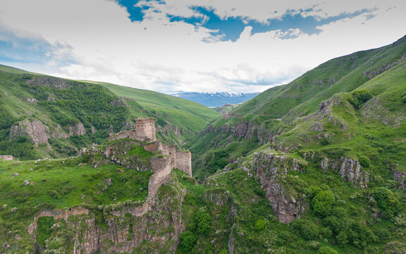 Aerial Drone View of Seytan Castle Ruins in Cildir Ardahan Province Turkey Eastern Anatolia Dramatic Cliff Landscape