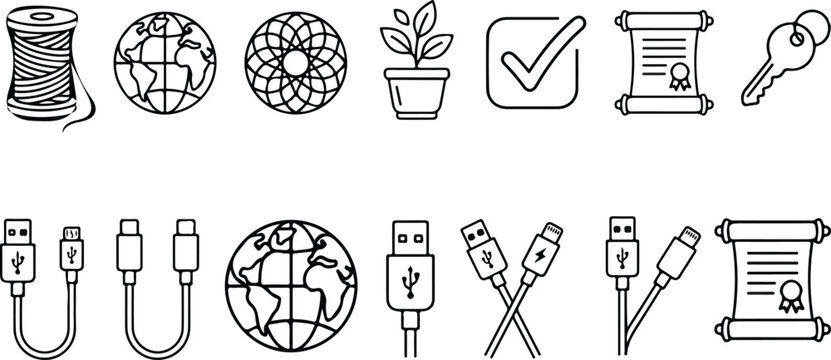Miscellaneous linear icons vector illustration set featuring usb cable globe certificate plant checkbox key thread spool and mandala geometric symbols