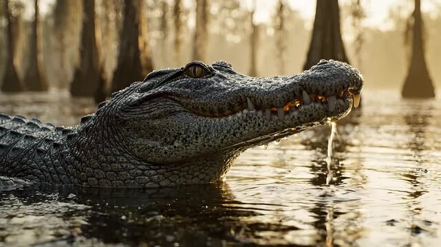 Close-up of an alligator in a swamp during golden hour, water dripping.