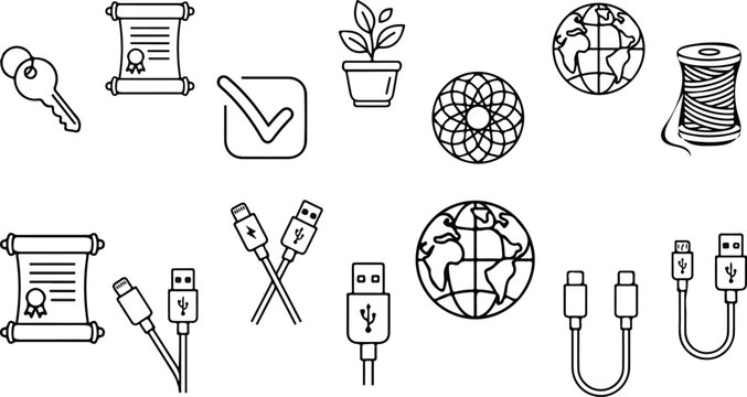 Miscellaneous linear icons vector illustration set featuring usb cable globe certificate plant checkbox key thread spool and mandala geometric symbols