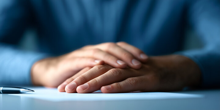 Close-up of two hands resting near a signed contract and pen on a negotiation table, soft directional lighting creating a calm professional mood with a deeply evocative atmosphere.