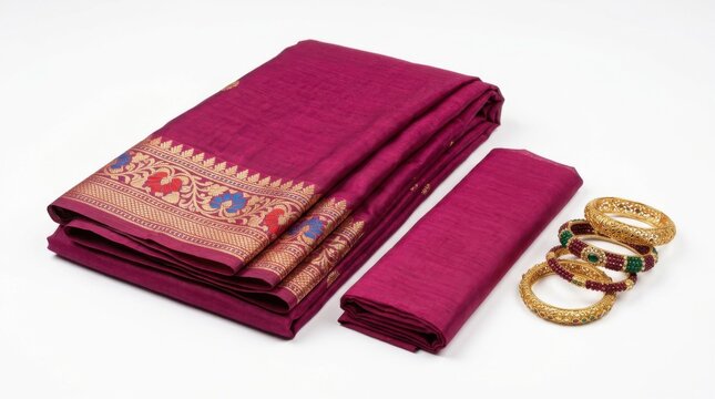 Indian traditional red saree with gold border and bangles