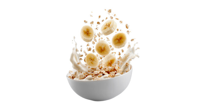 Oatmeal bowl with fresh banana slices and splashing milk captured in high motion on transparent background
