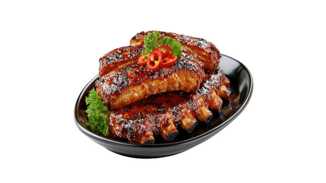 Grilled pork ribs with spicy chili and fresh green parsley served in black plate on transparent background