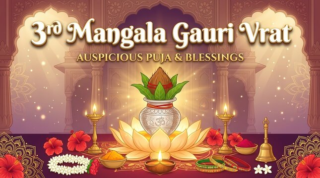 Mangala gauri vrat greeting card with traditional kalash lamp and flowers for religious festival