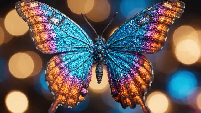 A magical, shimmering butterfly with iridescent wings glowing against bokeh lights.