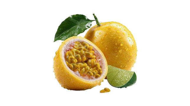 Passion fruit and fresh lime slice with water droplets isolated on a white on transparent background
