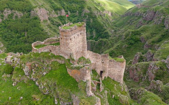 Aerial Drone View of Seytan Castle Ruins in Cildir Ardahan Province Turkey Eastern Anatolia Dramatic Cliff Landscape