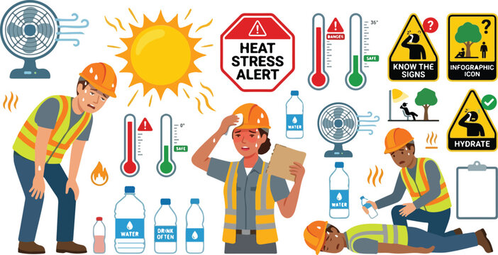 Heat stress alert and summer safety infographics vector illustration set featuring construction workers suffering from heat stroke hydration guidelines and warning signs
