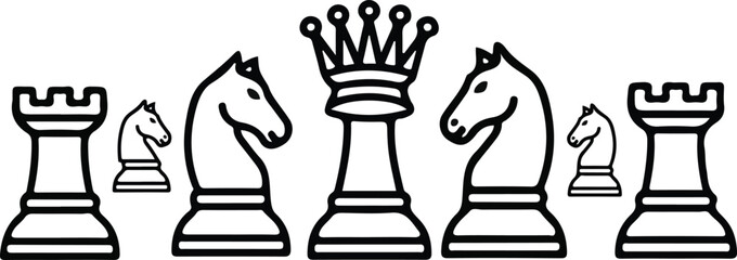 Chess pieces horizontal borders vector illustration set featuring queen rook and knight icons on checkered background pattern for board game design © Mon