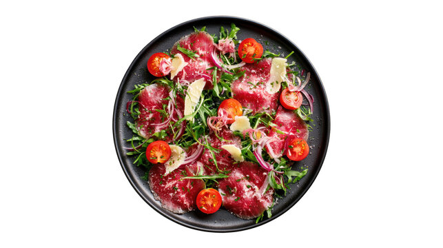 Beef carpaccio salad served with arugula parmesan cheese and fresh tomatoes presented on transparent background