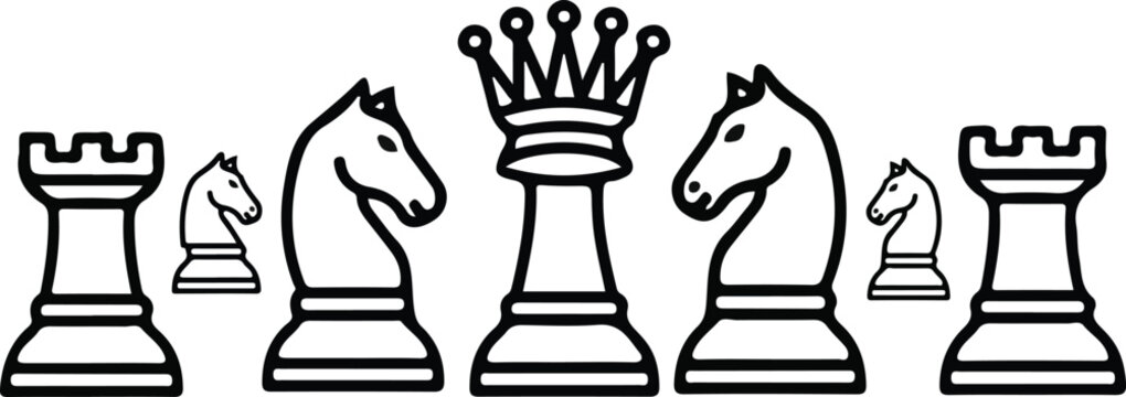 Chess pieces horizontal borders vector illustration set featuring queen rook and knight icons on checkered background pattern for board game design