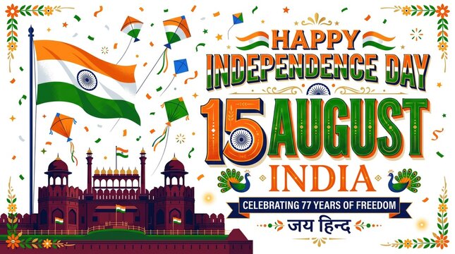 Indian Independence Day celebration banner, 15 August 77 years of freedom poster, national flag with Red Fort and kites illustration