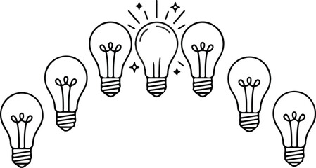 Creative idea concept with glowing light bulb outstanding among ordinary bulbs line art vector illustration for business innovation and inspiration design © Mon