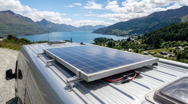 Solar panel system on a vehicle roof overlooking a vast lake and majestic mountains under a bright blue sky