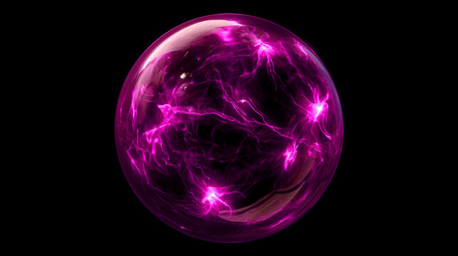 Glowing purple energy sphere with electric lightning bolts inside a glass orb on transparent background