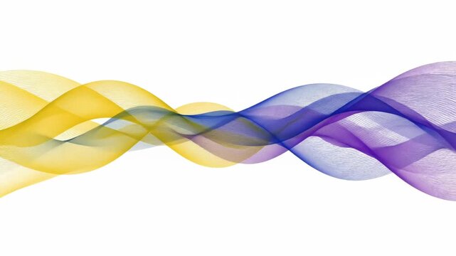 Abstract elegant yellow and purple ribbon-like wave lines flowing horizontally on a white background