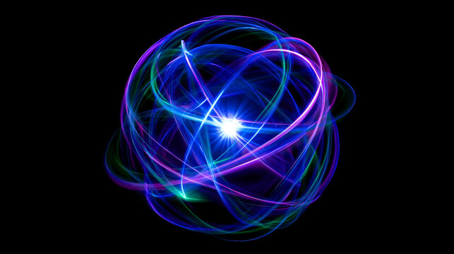 Abstract atom model with glowing neon blue and purple light trails spheres on transparent background