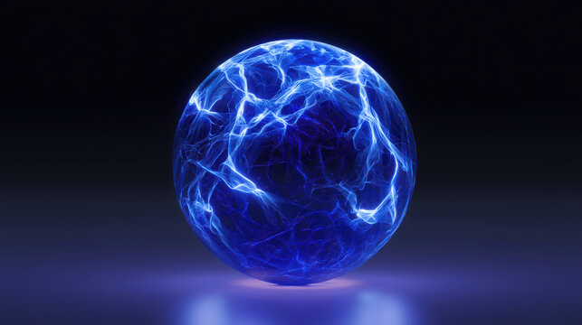 Electric energy orb with glowing blue plasma lightning bolts isolated on a dark smooth on transparent background
