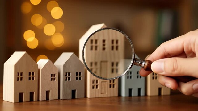 Close-up of a hand holding a magnifying glass over miniature wooden toy houses to inspect real estate options
