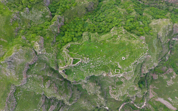 Aerial Drone View of Seytan Castle Ruins in Cildir Ardahan Province Turkey Eastern Anatolia Dramatic Cliff Landscape