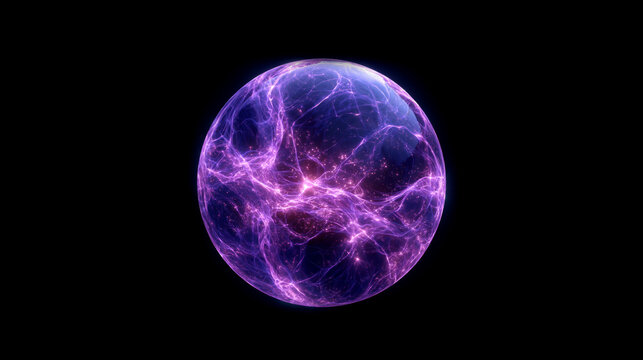 Glowing purple energy sphere with electric plasma currents and bright particles isolated on transparent background
