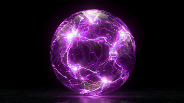 Glowing purple plasma sphere with electric energy bolts isolated inside a crystal orb on transparent background