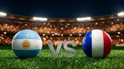 Fototapeta premium Soccer match between argentina and france on green grass with stadium crowd and bright lights sports.