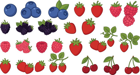 Fresh berry fruit icons collection vector illustration set featuring organic strawberry cherry blueberry raspberry and blackberry for healthy food design elements © Mon