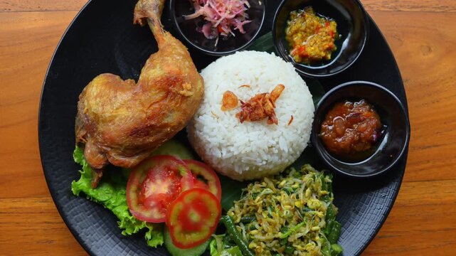 Traditional Indonesian meal with fried chicken, steamed rice, fresh vegetables, sambal, and side dishes served on a dark table. Authentic Southeast Asian cuisine, top view.