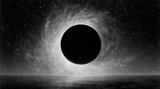 Black hole singularity glowing in deep space with swirling nebula dust clouds on transparent background