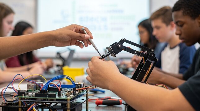 Diverse students assembling a robotic arm in science laboratory