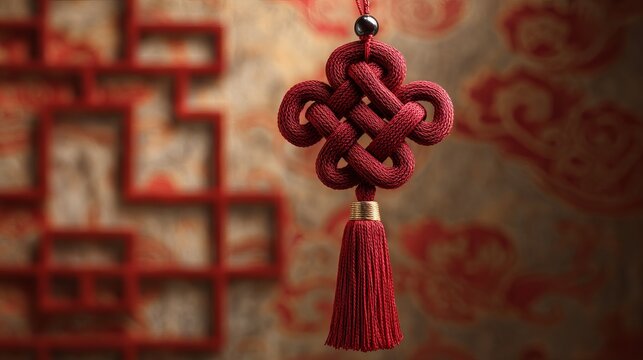 A vibrant red chinese knot hanging against a traditional wooden lattice background, symbolizing good luck and prosperity for the new year.