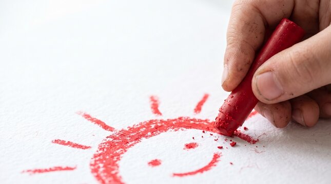 Child's hand sketching a bright red smiling sun with a crayon on white paper
