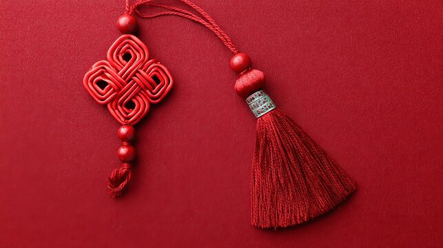 Traditional chinese knot with red tassel on a vibrant red background, symbolizing good luck, happiness, and prosperity for celebrations